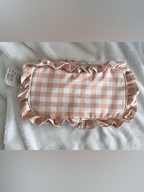 Peach and white gingham ruffle trim makeup bag